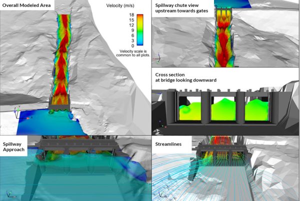FLOW-3D results for Strathcona Dam spillway with all gates fully open at an elevated reservoir level during passage of a large flood. Note the effects of poor approach conditions and pier overtopping at the leftmost bay.